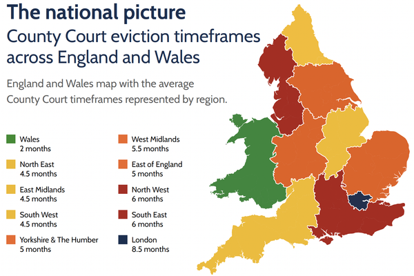 map of England and Wales showing the average wait times for an eviction by a county court bailiff